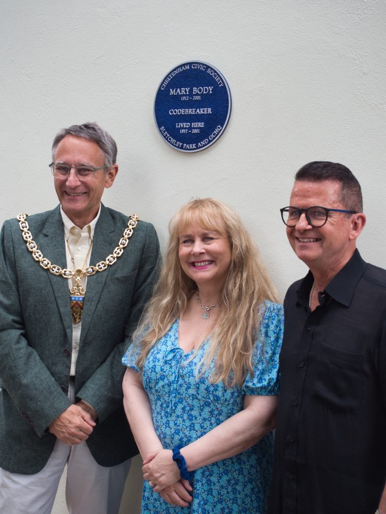 The Mayor Cllr Martin Horwood together with the current owners of Mary Body's former home, Rachel and Justin Hunter.